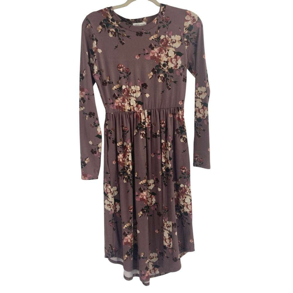 Reb & J Floral Dusty Purple Stretchy Long Sleeve Dress Pleated L/S MIDI Pockets